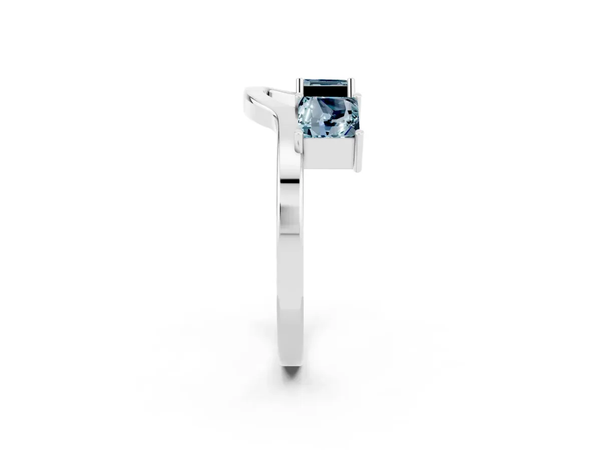 Princess Cut Aquamarine Two-Stone Open Band Ring with Four-Prong Setting Silver