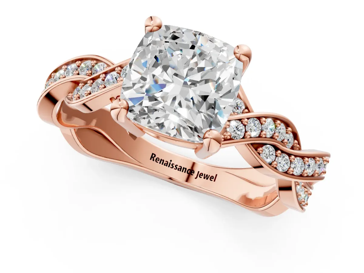 Cushion Cut Cut Twisted Pavé Band Solitaire Ring with Four-Prong Setting Rose gold