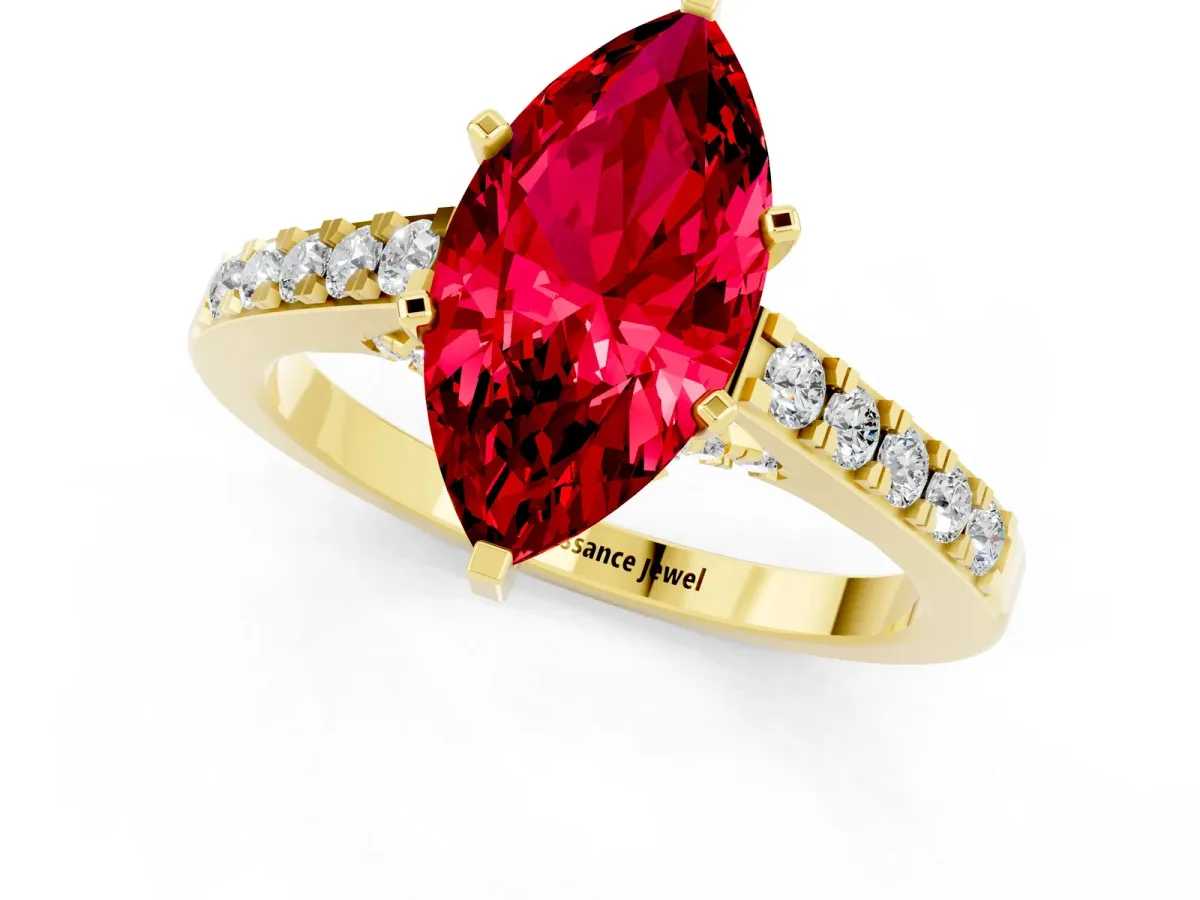 Marquise Cut Ruby Solitaire Ring with Crossover Gallery and Round Pavé Band Yellow gold