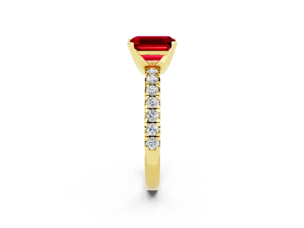 Emerald Cut Ruby Solitaire Pavé Engagement Ring with Round Band and Prong Setting Yellow gold