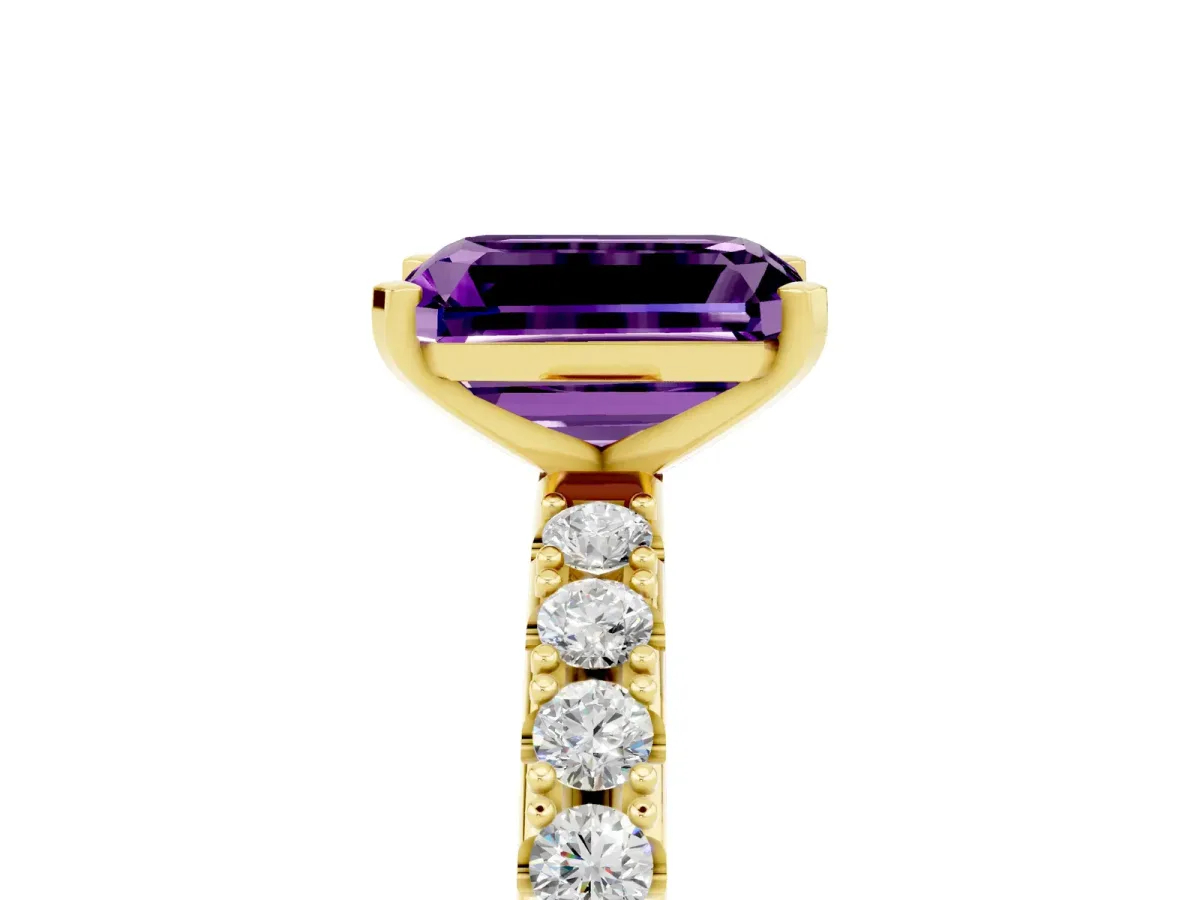 Emerald Cut Amethyst Solitaire Pavé Band with Four-Prong Setting Yellow gold