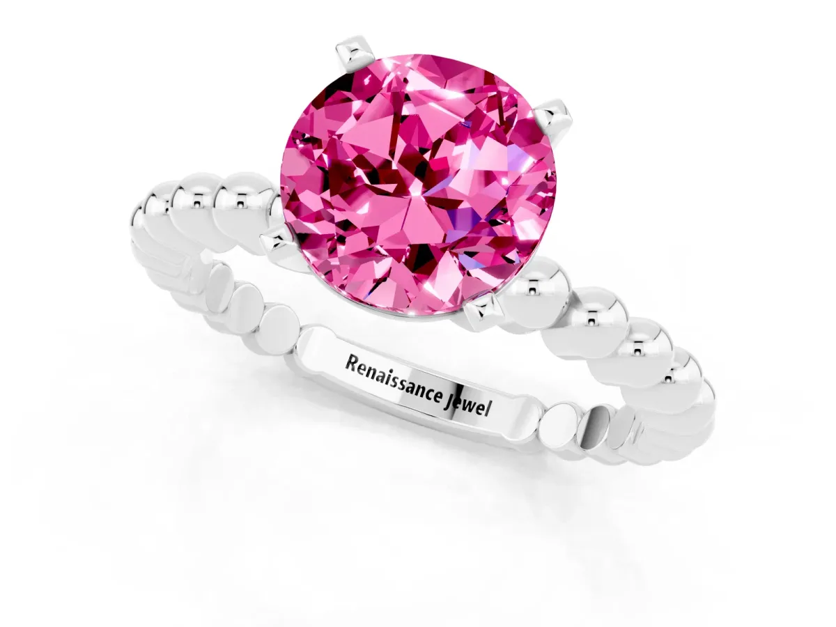 Round Cut Pink Sapphire Solitaire Ring with Beaded Band and Prong Setting Silver