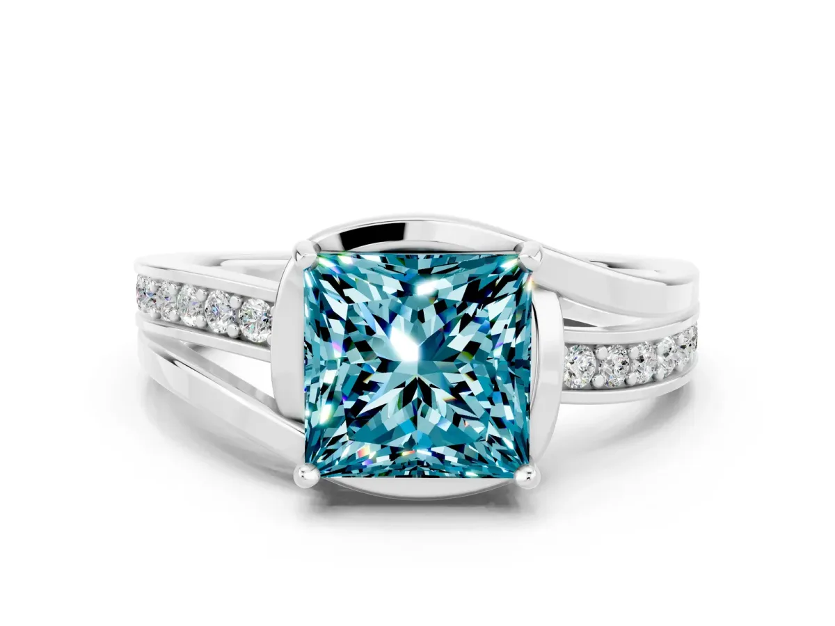 Princess Cut Blue Topaz Solitaire Ring with Split Shank and Prong Setting Platinum