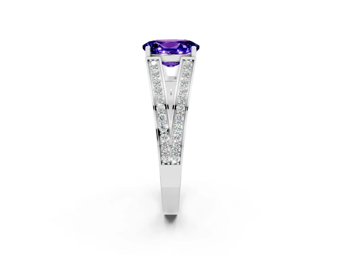 Oval Cut Tanzanite Split Shank Ring with Pavé Band and Four-Prong Setting White gold