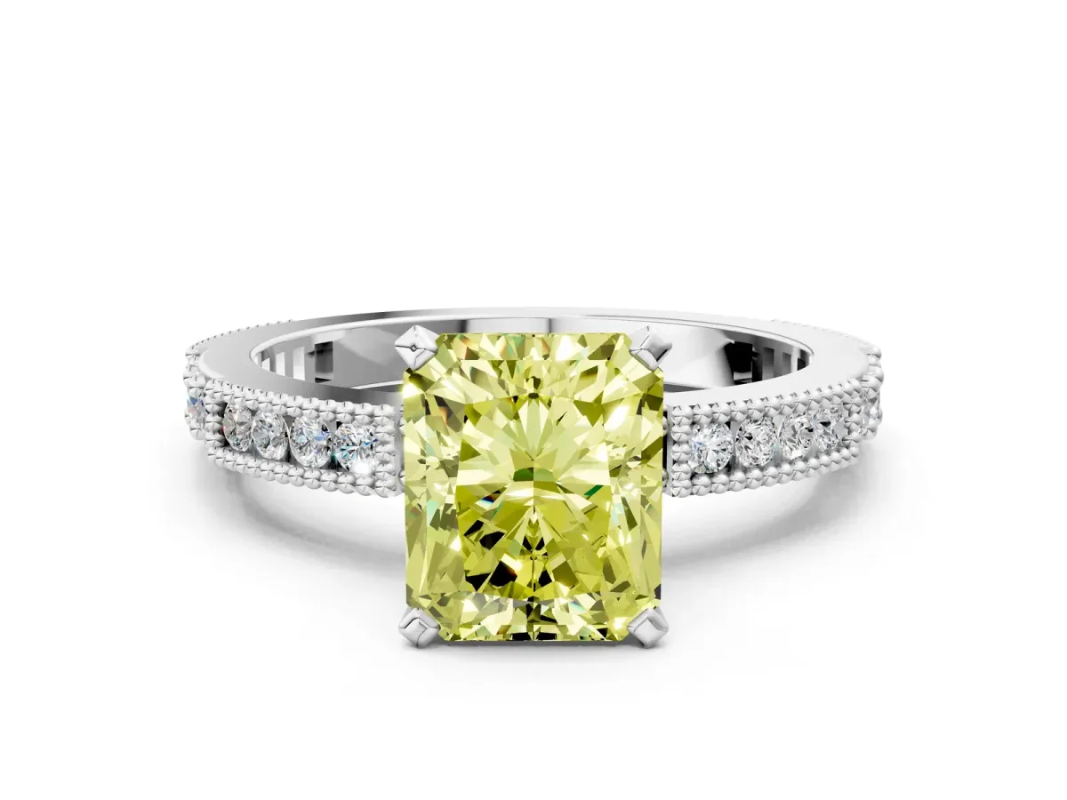 Fancy Yellow Radiant Cut Solitaire with Pavé Band and Four-Prong Setting Silver