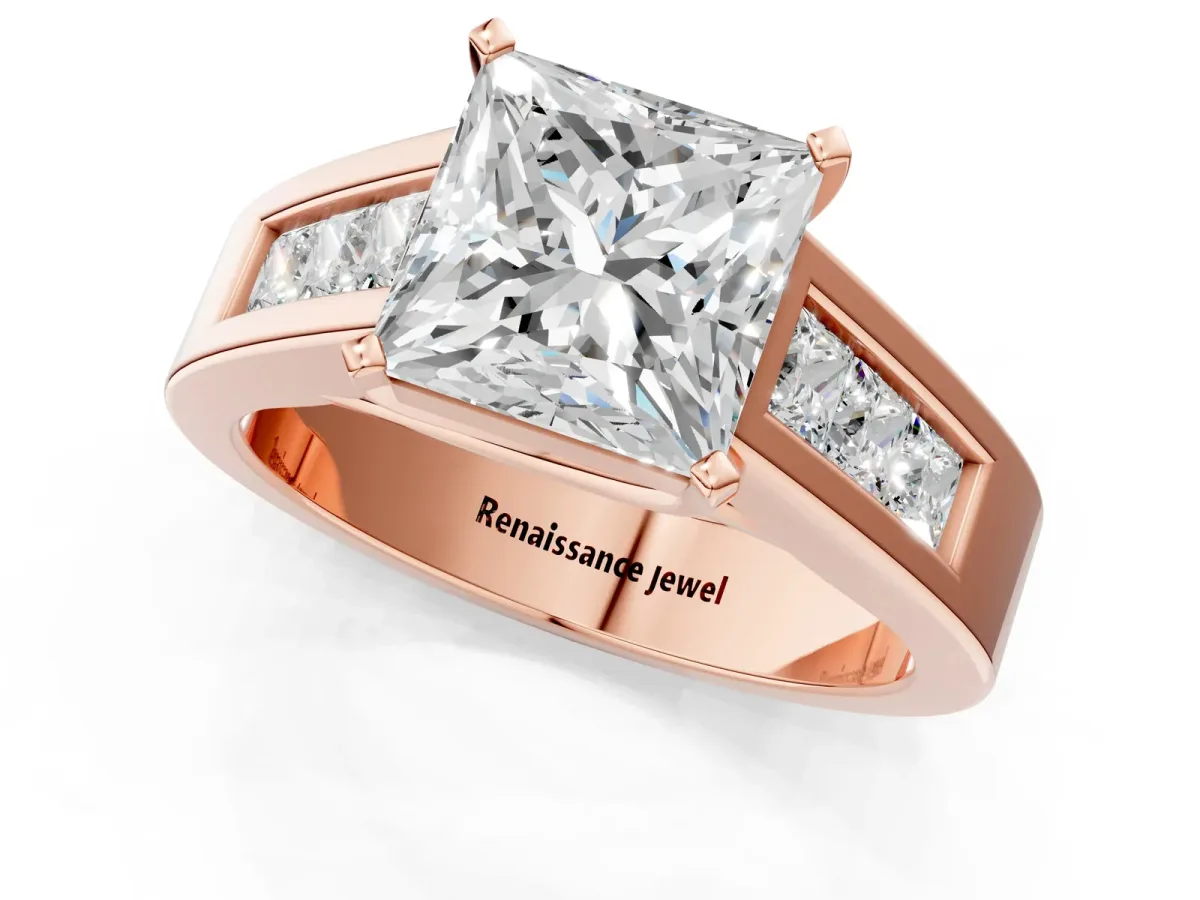 Princess Cut Cut Channel Set Solitaire Ring with Four-Prong Setting Rose gold