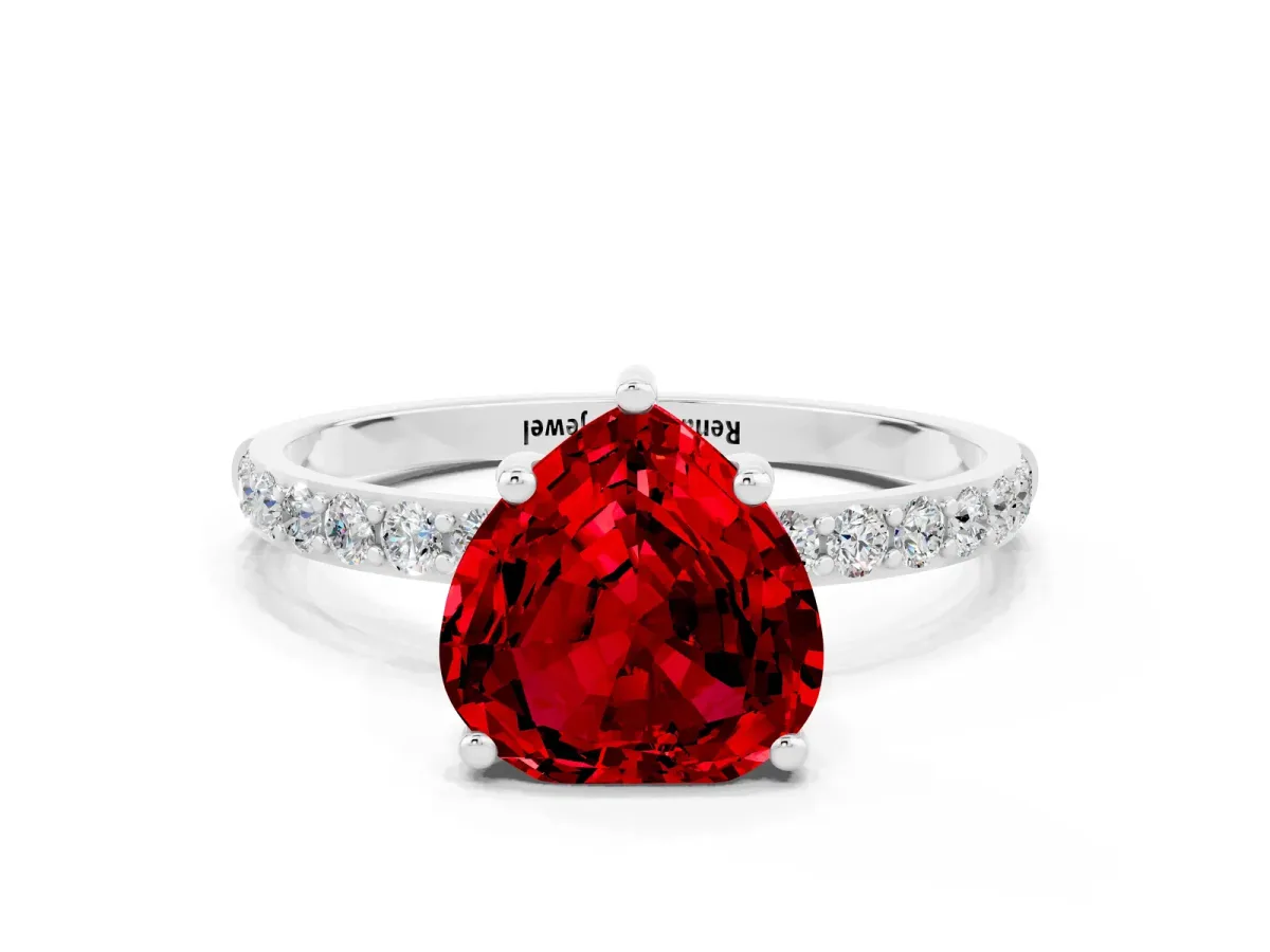 Heart Cut Ruby Solitaire Ring with Round Pavé Band and Prong Setting Platinum