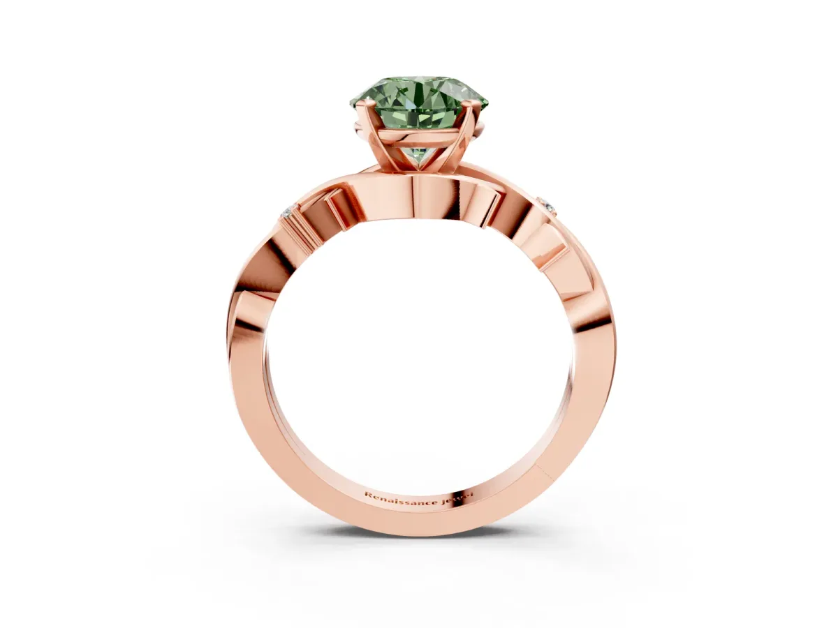 Fancy Green Round Cut Diamond Solitaire Ring with Twisted Band and Prong Setting Rose gold