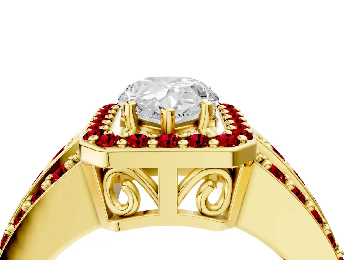 Pear Cut Halo Diamond Ring with Round Ruby Split Shank and Prong Setting Yellow gold