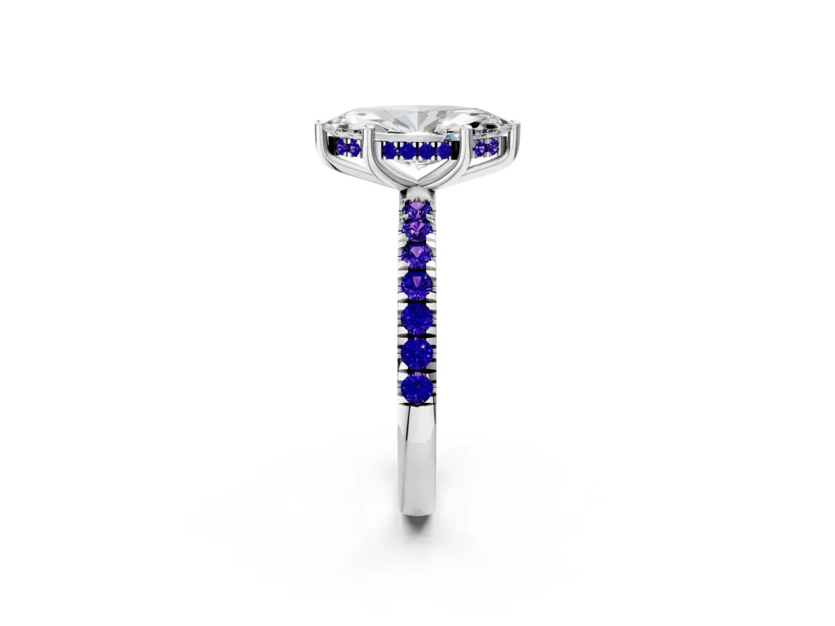 Marquise Cut Diamond Pave Band Solitaire Ring with Round Tanzanite and Prong Setting Silver