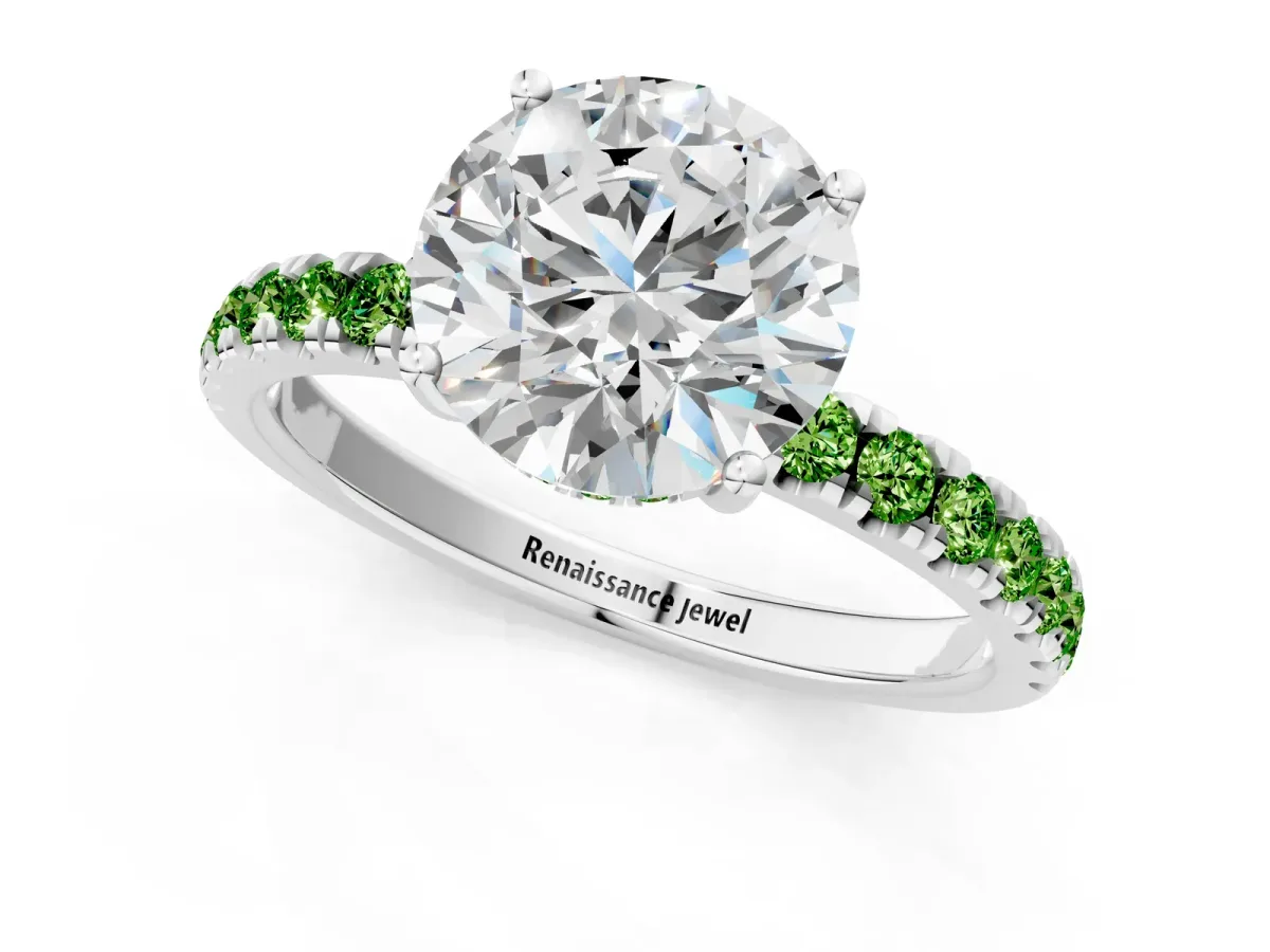 Round Cut Diamond Pave Band Solitaire Ring with Round Peridot and Prong Setting Silver