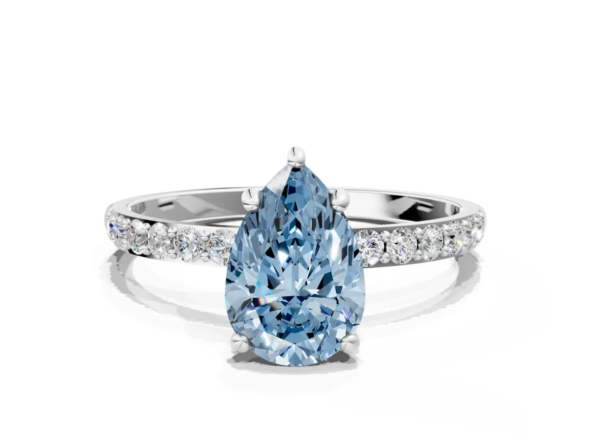 Fancy Blue Pear Cut Diamond Solitaire Ring with Round Pavé Band and Prong Setting Platinum