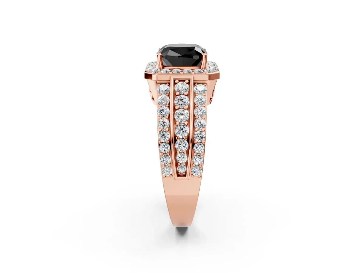 Fancy Black Cushion Cut Halo Diamond Ring with Round Split Shank and Prong Setting Rose gold