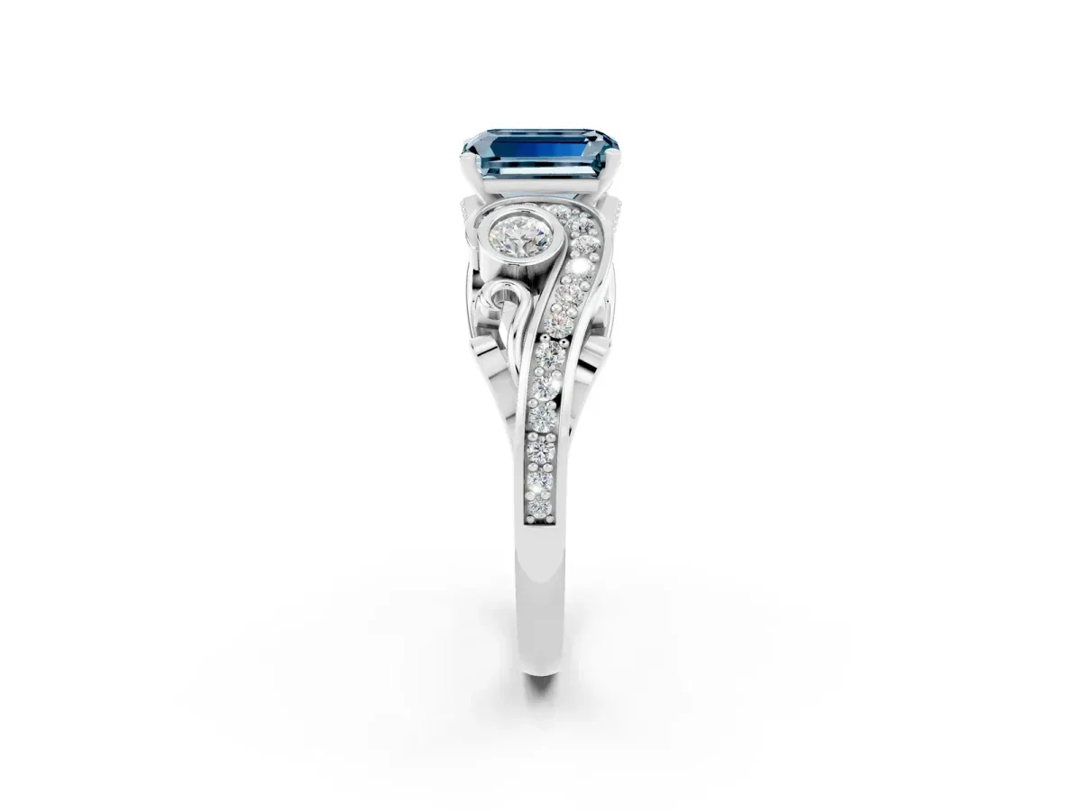 Emerald Cut Aquamarine Solitaire Ring with Milgrain Pavé Band and Four-Prong Setting Silver