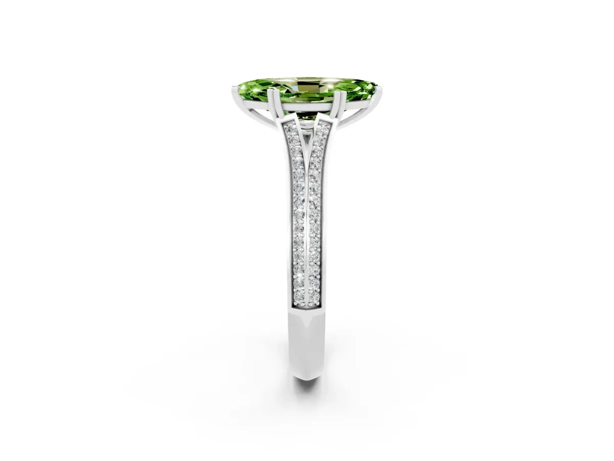 Marquise Cut Peridot Split Shank Engagement Ring with Pavé Band White gold