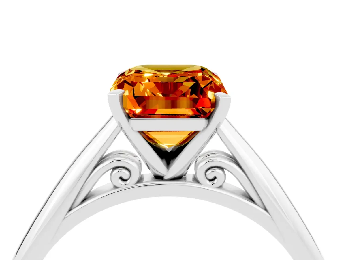 Emerald Cut Citrine Solitaire Engagement Ring with Cathedral Setting and Four-Prong Mount White gold
