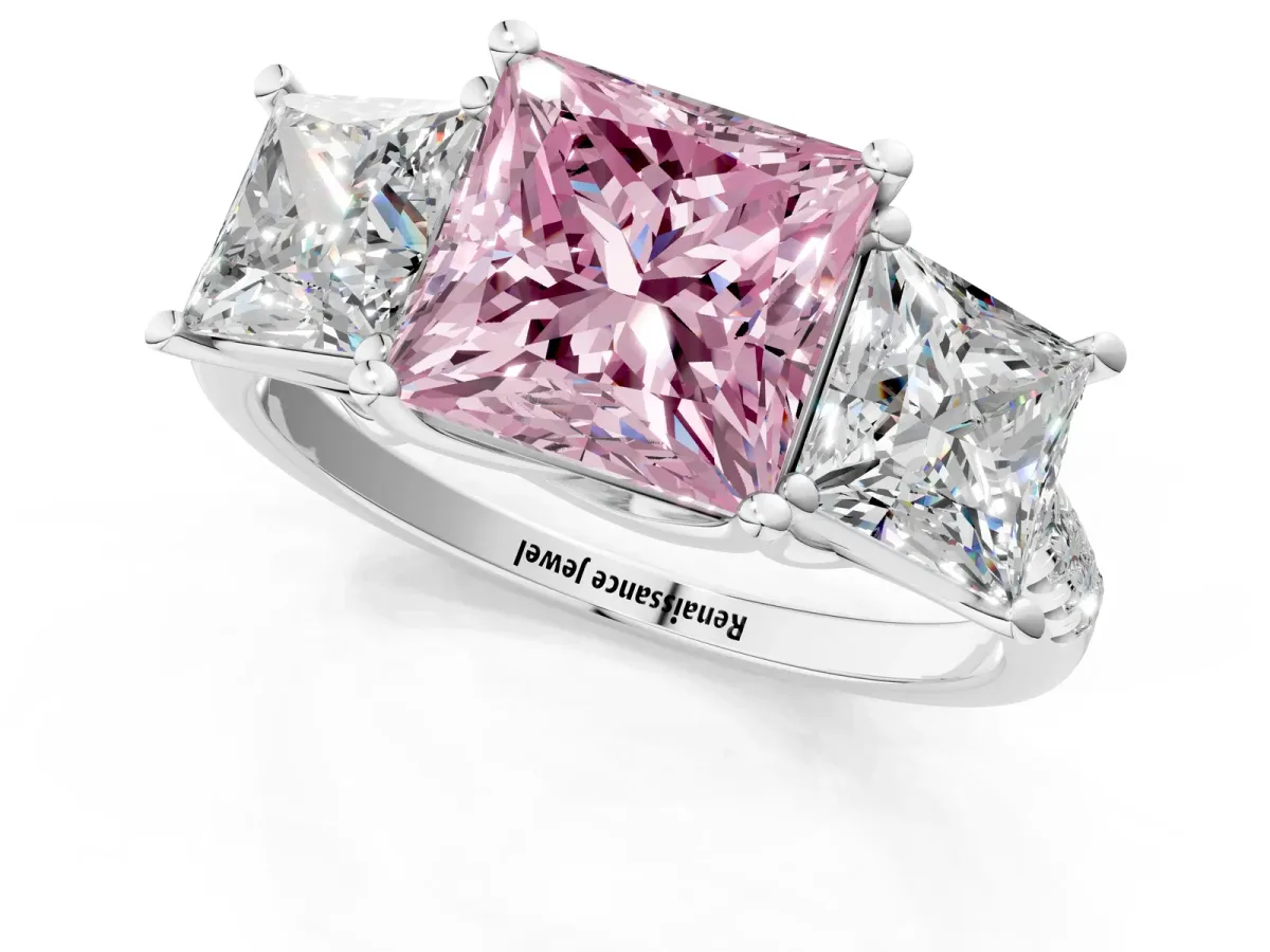 Fancy Pink Three-Stone Princess Cut Diamond Ring with Round Pavé Band and Prong Setting Silver