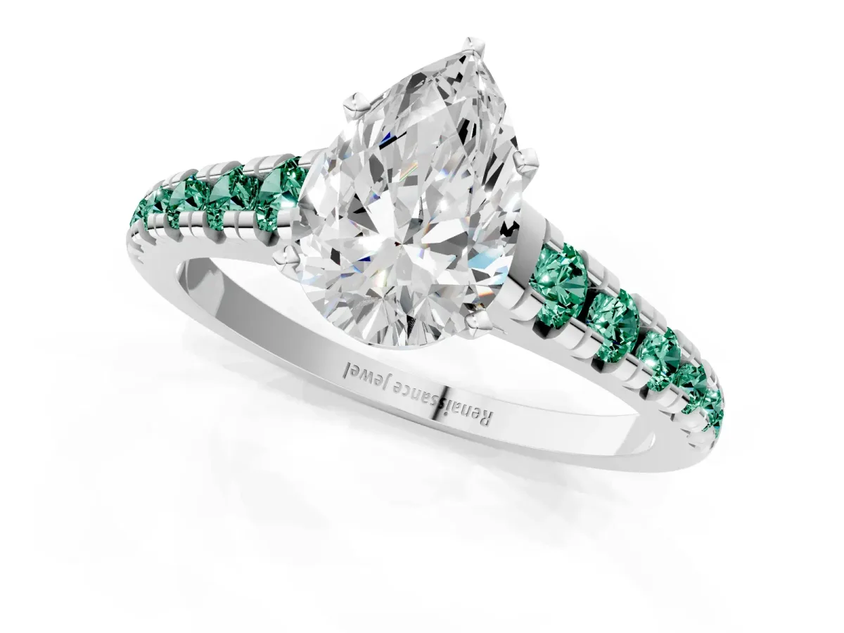 Pear Cut Diamond Cathedral Solitaire Ring with Round Green Sapphire Pavé Band Silver