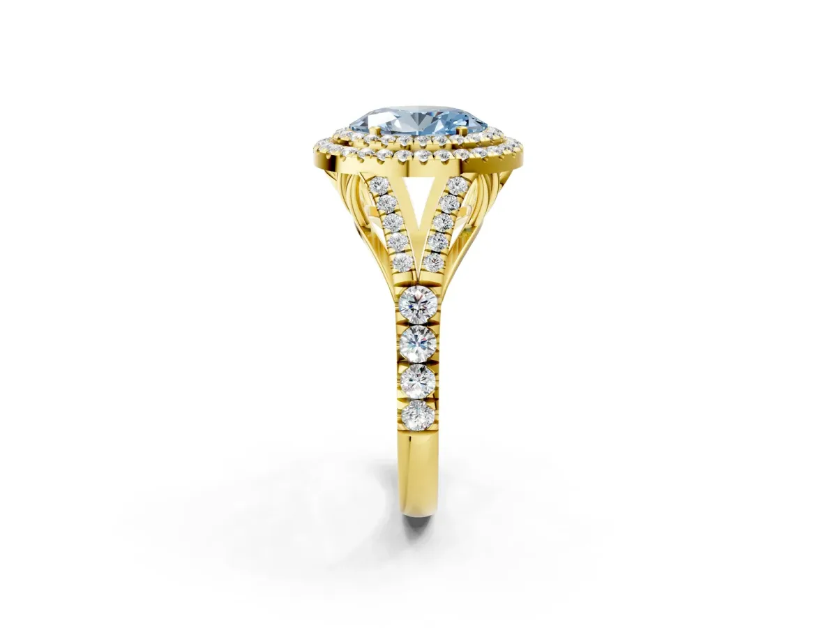 Fancy Blue Double Halo Oval Cut Diamond Split Shank Engagement Ring with Four-Prong Setting Yellow gold