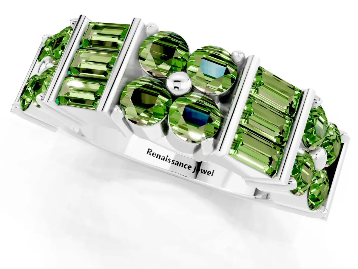 Channel Set Round and Baguette Peridot Anniversary Band with Prong Setting Silver