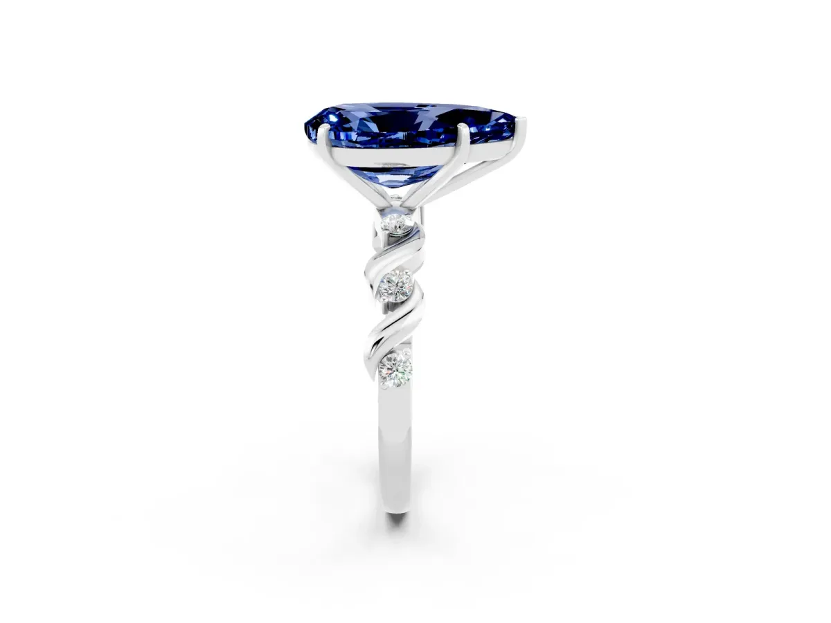 Pear Cut Blue Sapphire Solitaire Twisted Band with Round Accents and Prong Setting Silver