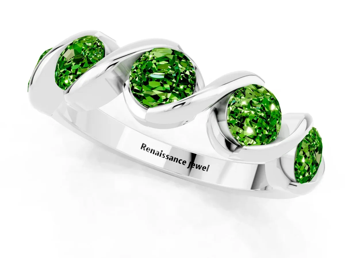 Round Peridot Wave Band with Channel Setting and Shared Prongs White gold