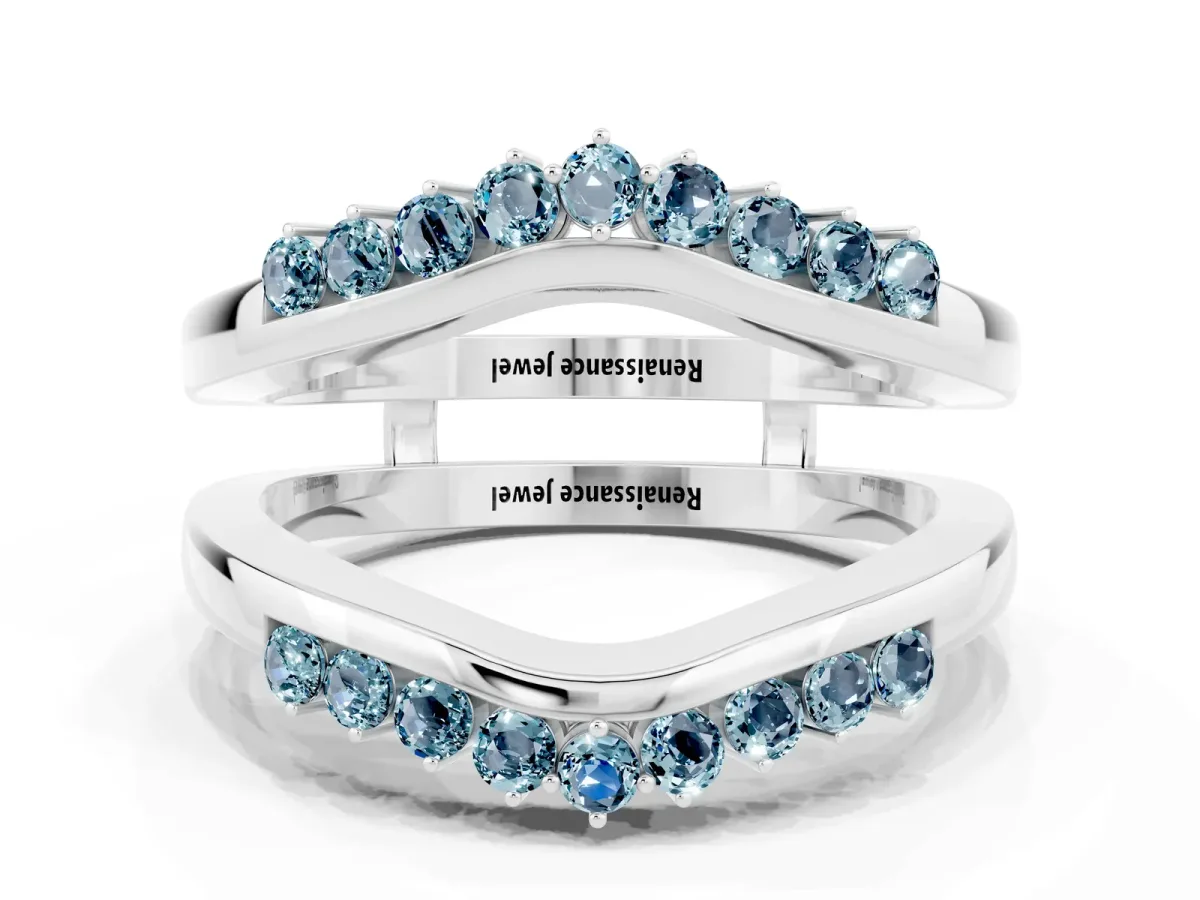 Round Aquamarine Chevron Contour Band with Prong Setting Silver