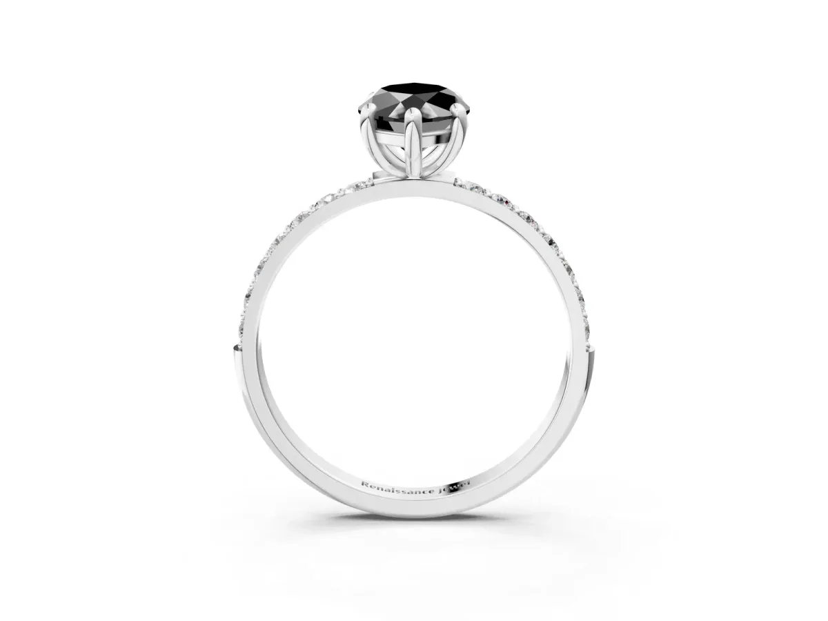Fancy Black Marquise Cut Diamond Solitaire Ring with Round Pavé Band and Prong Setting Silver