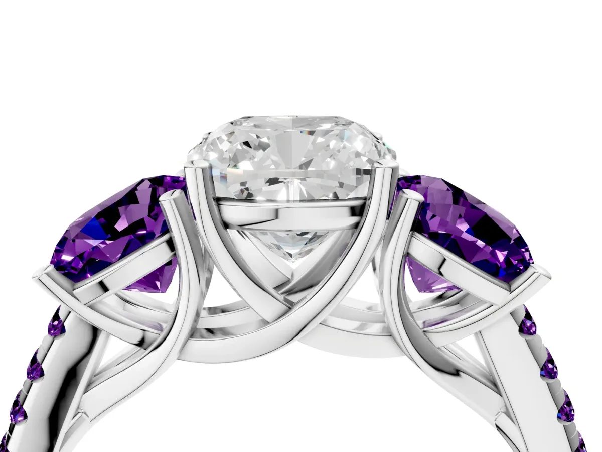 Three-Stone Cushion Cut Diamond Ring with Round Amethyst Pavé Band and Prong Setting Silver
