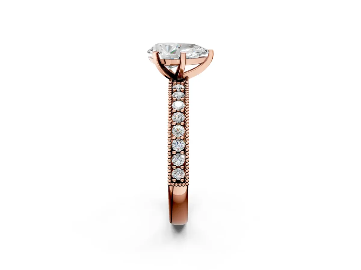 Pear Cut Diamond Milgrain Pavé Engagement Ring with Four-Prong Setting Rose gold