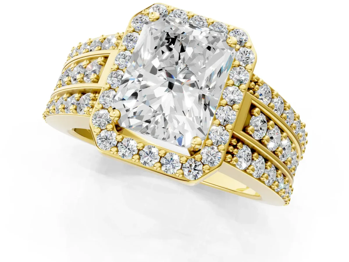 Radiant Cut Halo Diamond Ring with Round Split Shank and Prong Setting Yellow gold