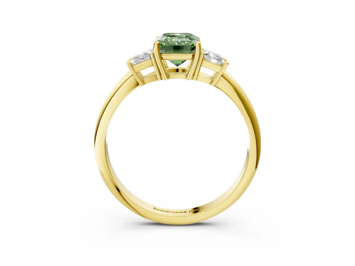 Fancy Green Emerald Cut Diamond Three-Stone Ring with Trapezoid Side Stones and Prong Setting Yellow gold