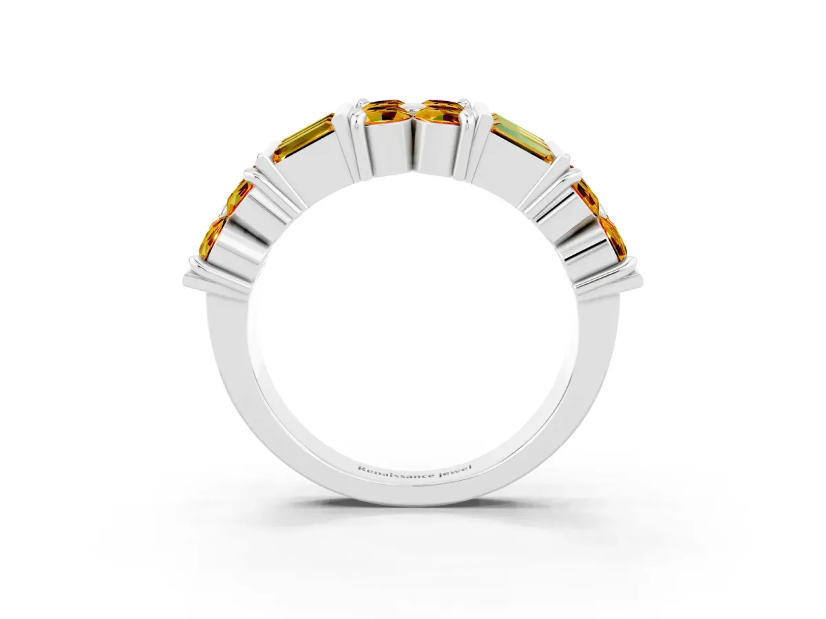 Channel Set Round and Baguette Citrine Anniversary Band with Prong Setting Silver