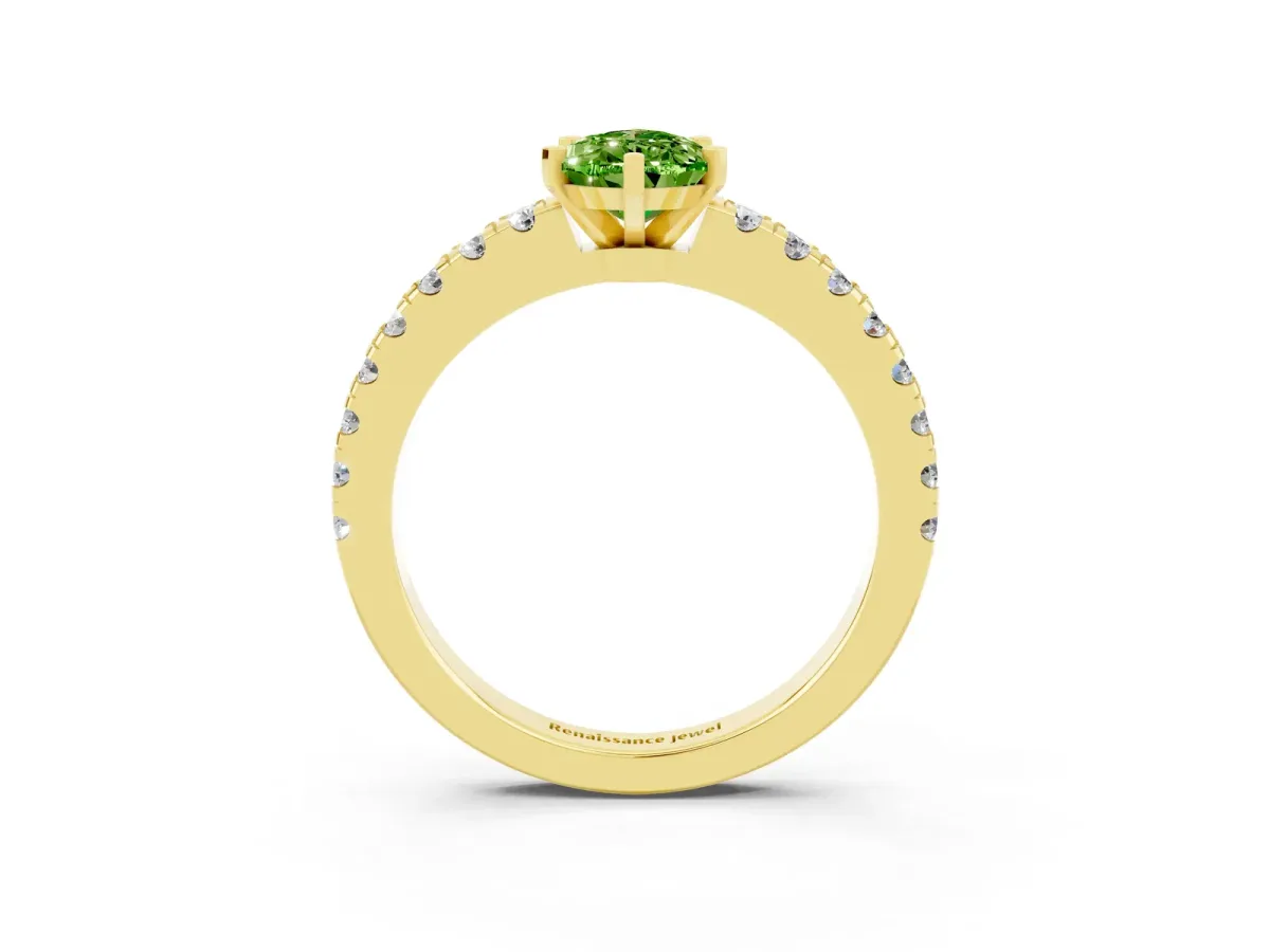 Pear Cut Solitaire Peridot with Pavé Band and Four-Prong Setting Yellow gold
