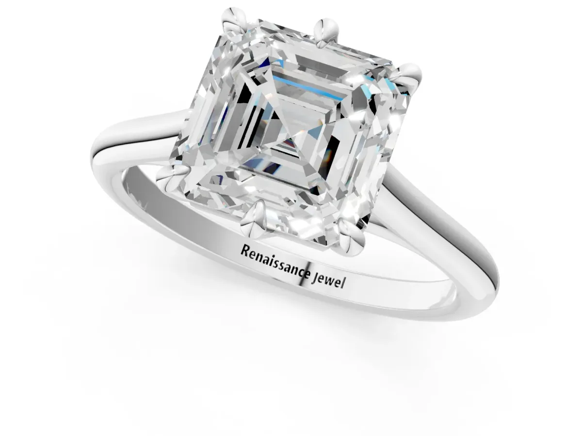 Asscher Cut Solitaire Engagement Ring with Six-Prong Setting and Classic Band Platinum