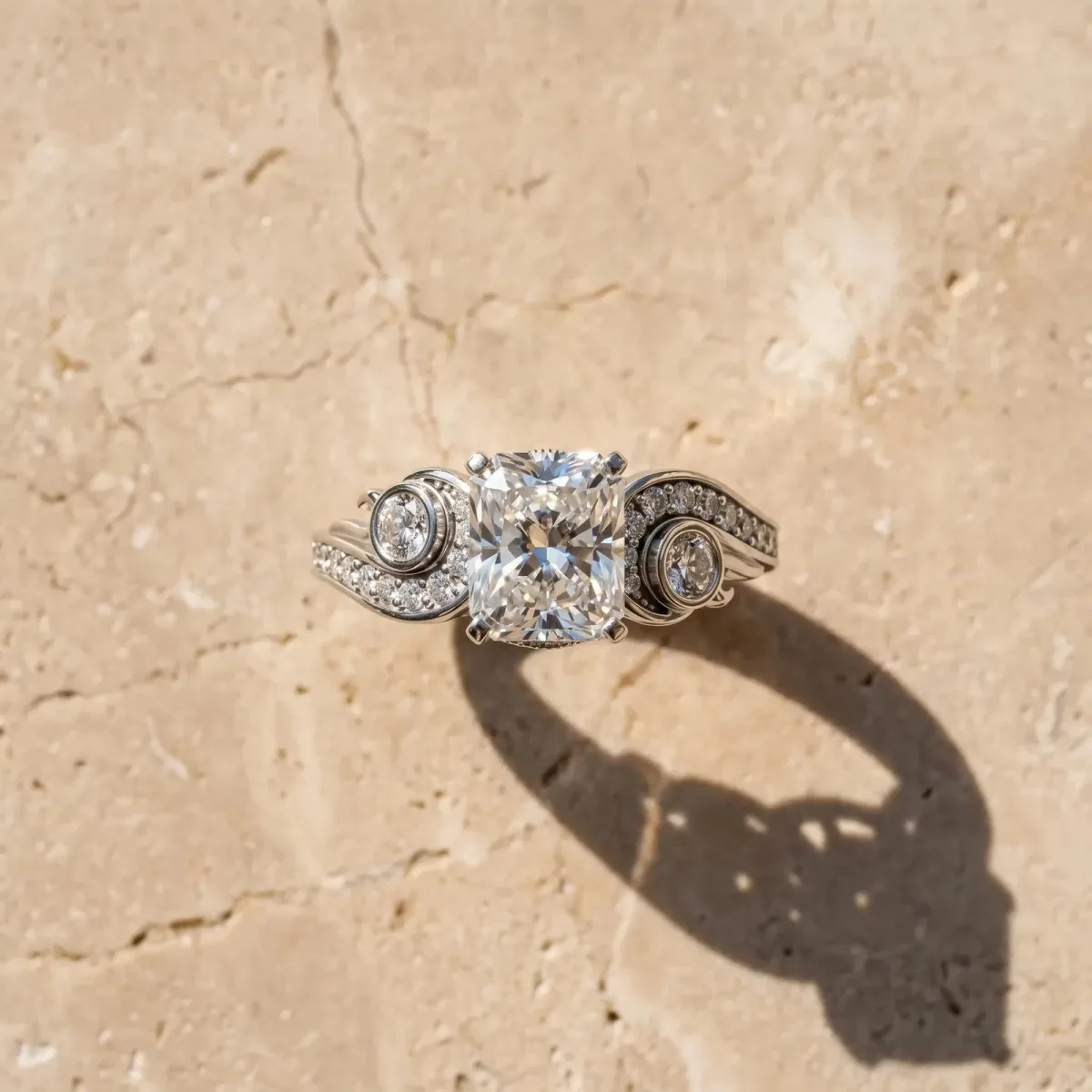 Radiant Cut Diamond Solitaire Ring with Milgrain Pavé Band and Four-Prong Setting Silver