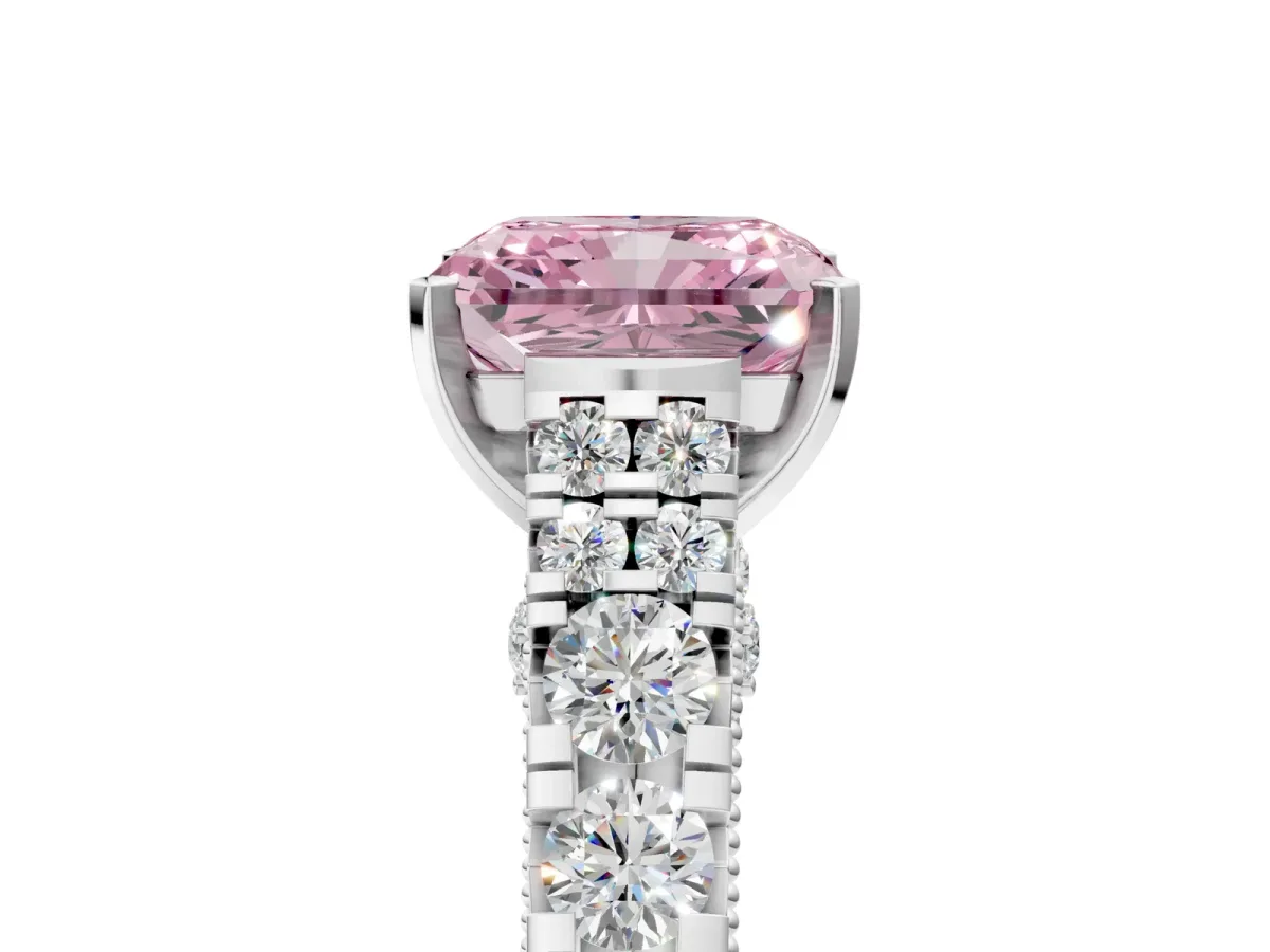 Fancy Pink Radiant Cut Diamond Classic Solitaire Ring with Pavé Band and Four-Prong Setting Silver