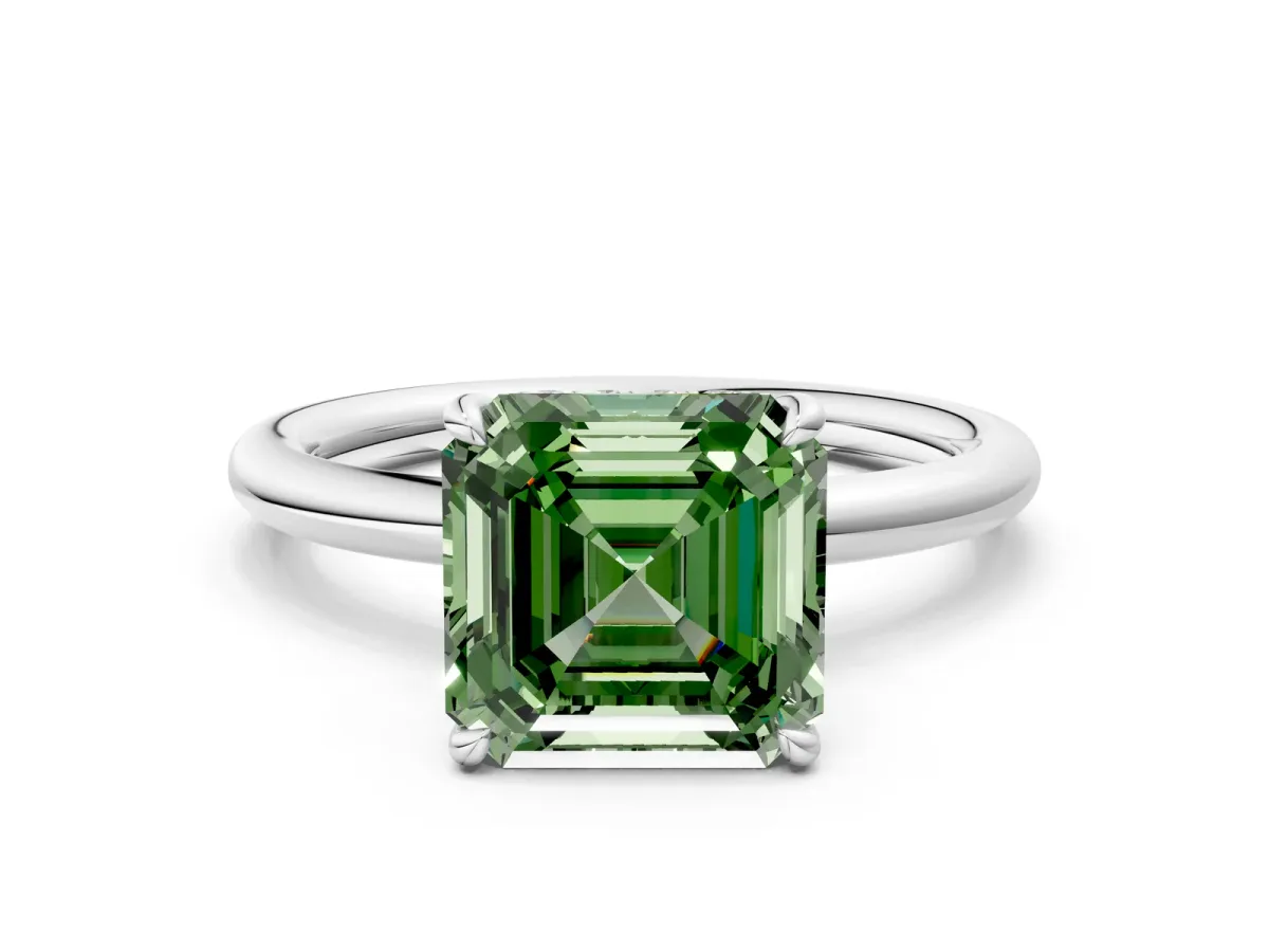 Fancy Green Asscher Cut Diamond Solitaire Ring with Thin Band and Four-Prong Setting Platinum