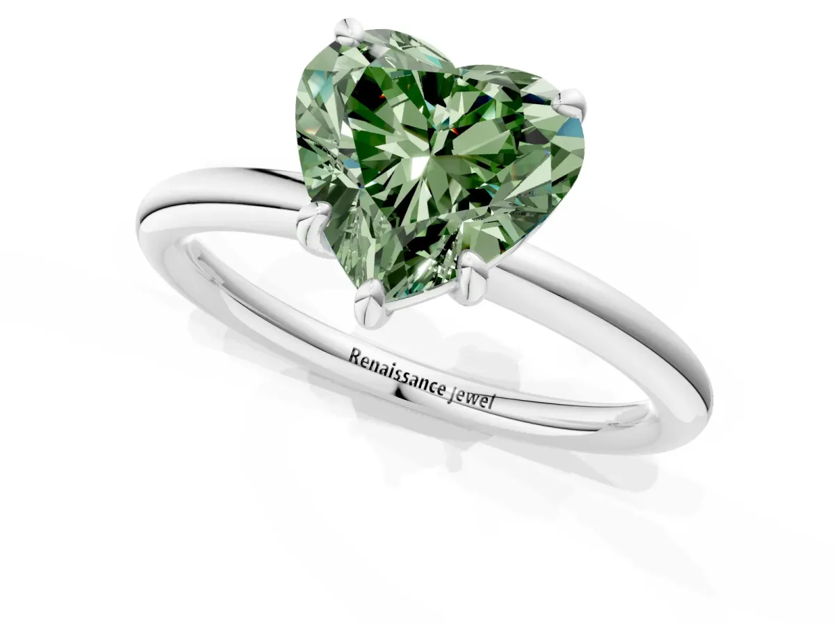 Fancy Green Heart Cut Solitaire Diamond Ring with Four-Prong Setting on a Plain Band Platinum