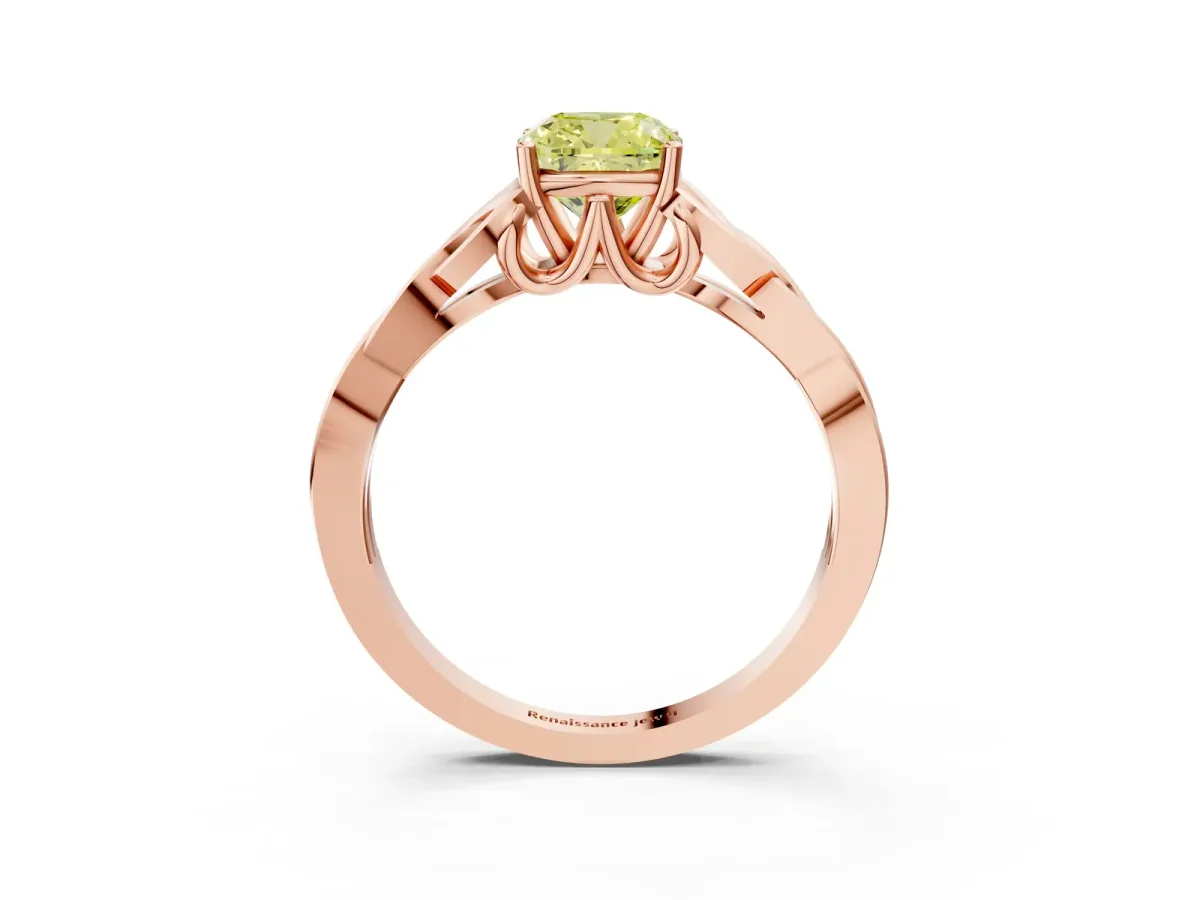 Fancy Yellow Cushion Cut Diamond Solitaire Celtic Knot Ring with Four-Prong Setting Rose gold