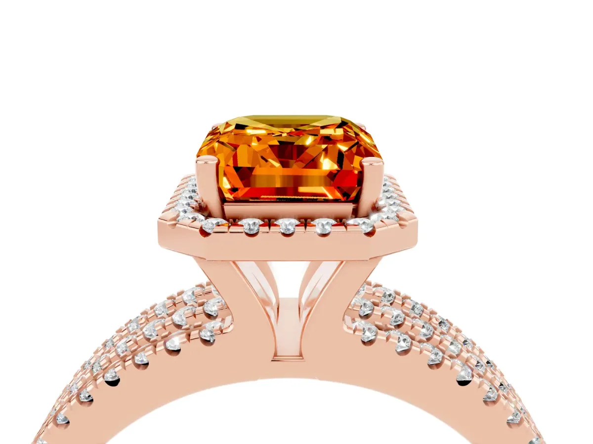 Emerald Cut Citrine Halo Engagement Ring with Split Shank and Four-Prong Setting Rose gold
