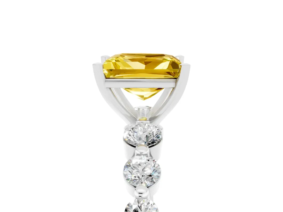 Princess Cut Solitaire Yellow Sapphire Ring with Pave Band and Four-Prong Setting Silver