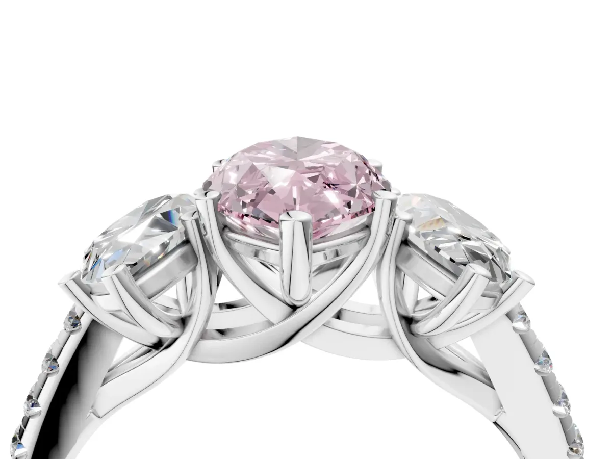 Fancy Pink Three-Stone Marquise Cut Diamond Ring with Round Pavé Band and Prong Setting Silver