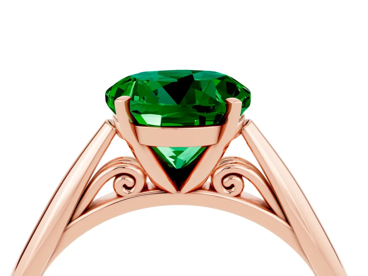 Round Cut Emerald Solitaire Engagement Ring with Cathedral Setting and Four-Prong Mount Rose gold