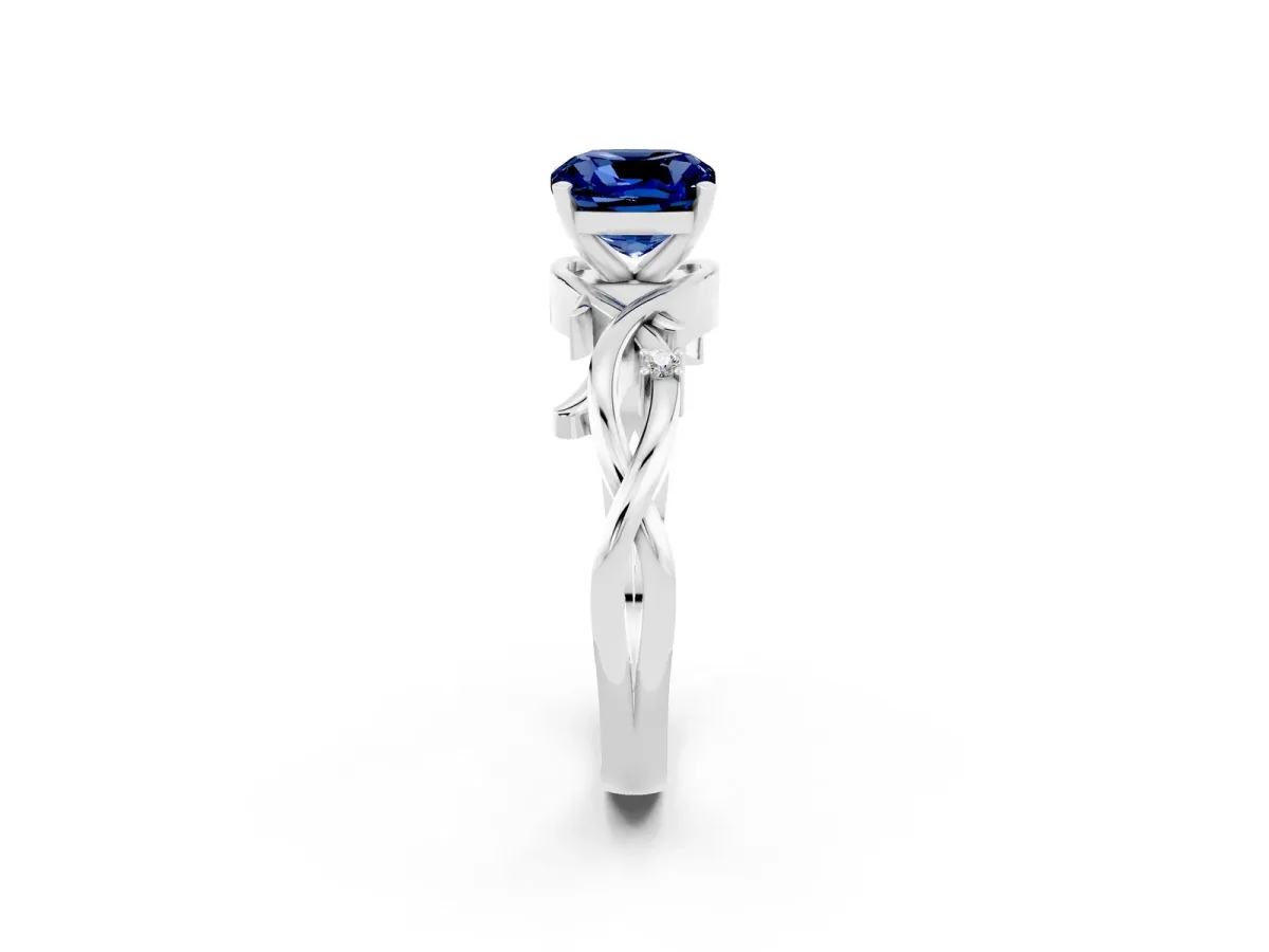 Cushion Cut Blue Sapphire Solitaire Ring with Twisted Band and Prong Setting Silver
