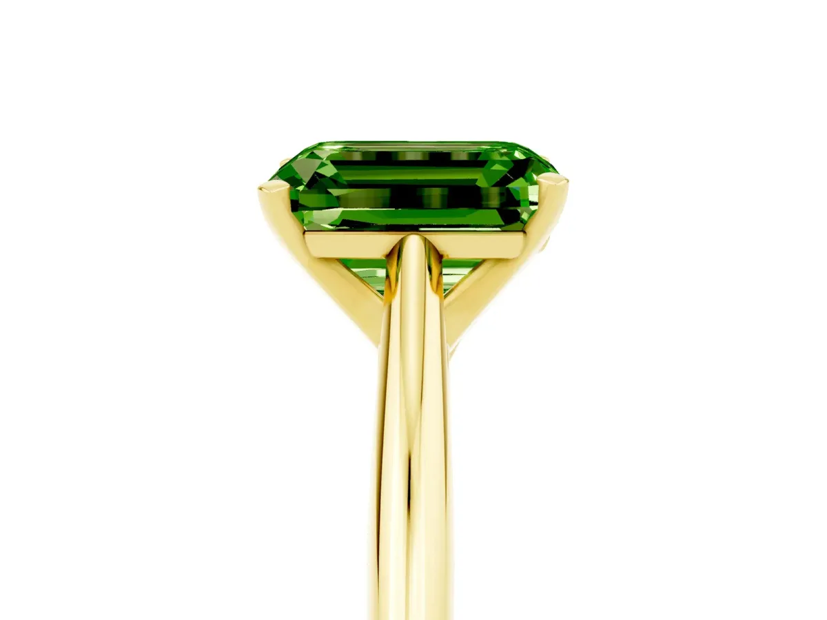 Emerald Cut Peridot Solitaire Engagement Ring with Cathedral Setting and Four-Prong Mount Yellow gold