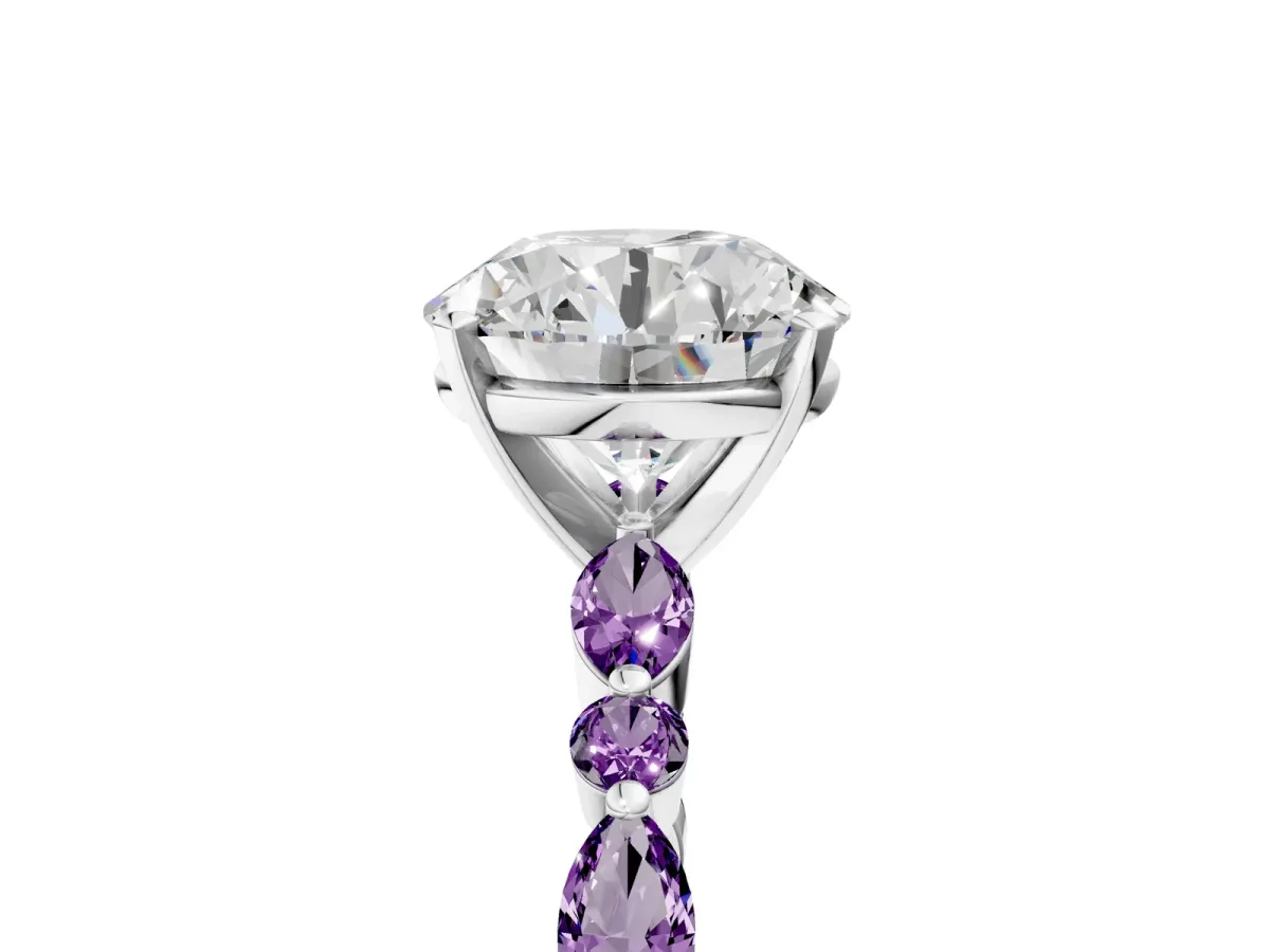 Round Cut Diamond Ring with Marquise and Round Amethyst Side Stones and Four-Prong Setting Silver