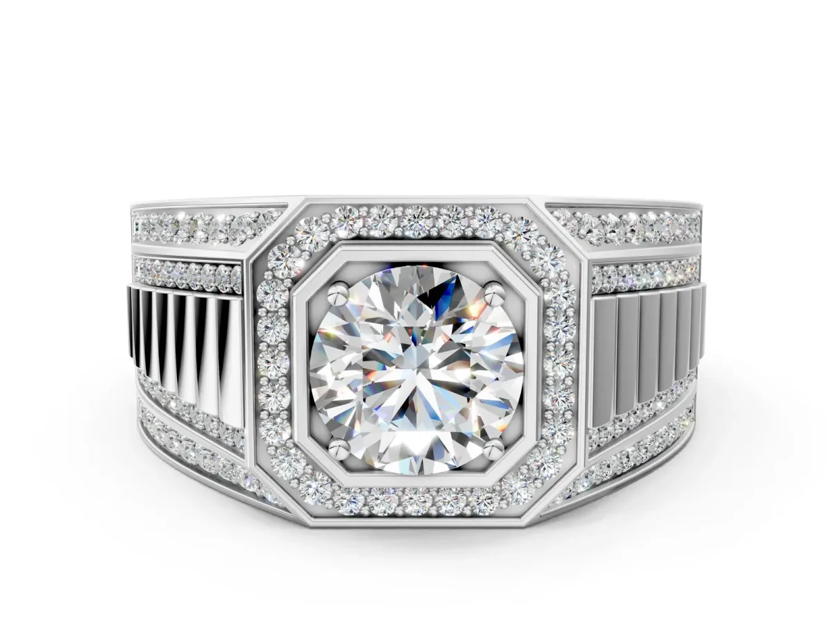 Round Diamond Octagonal Halo Mens Ring with Pavé Accents Silver