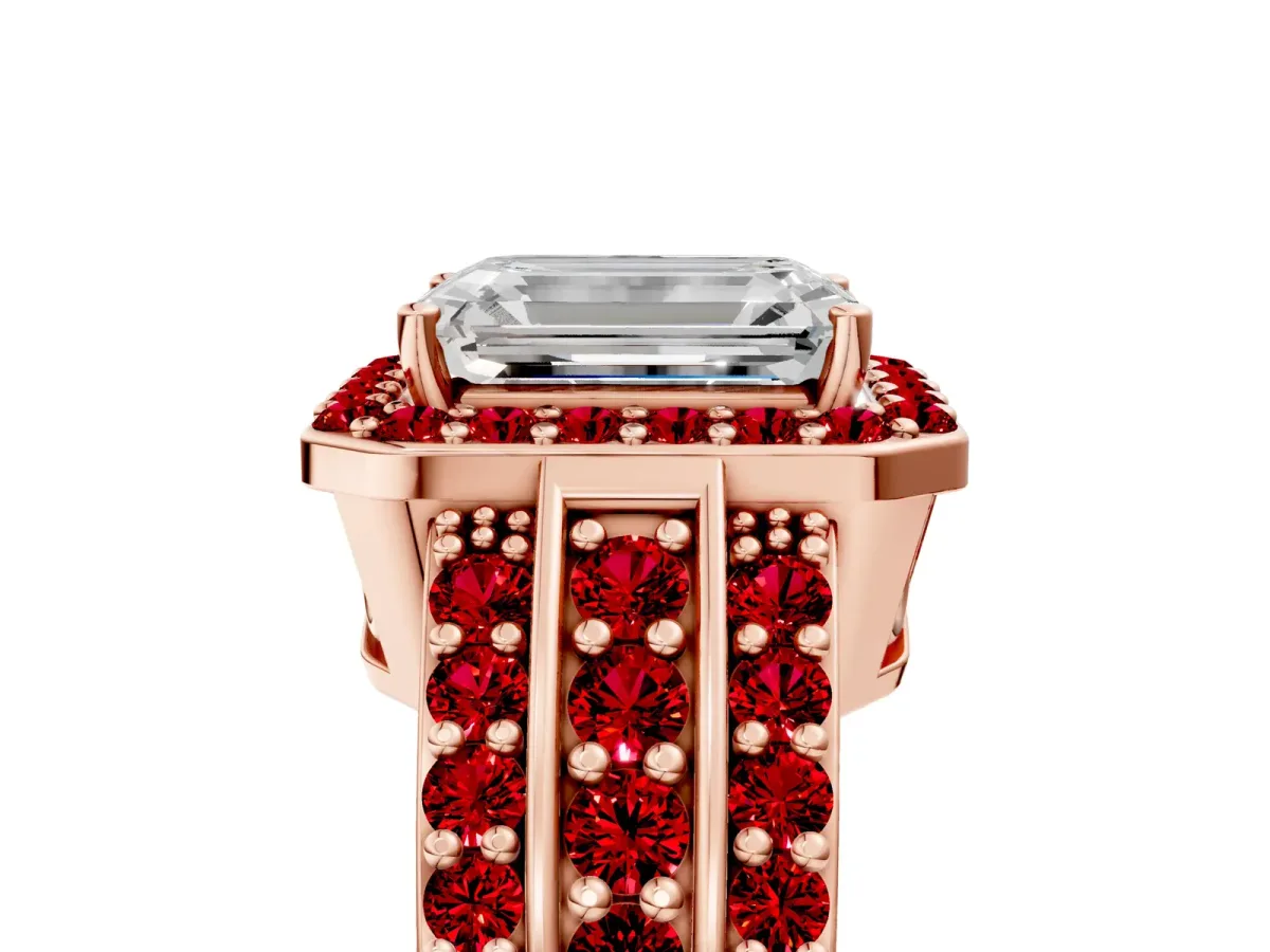 Emerald Cut Halo Diamond Ring with Round Ruby Split Shank and Prong Setting Rose gold