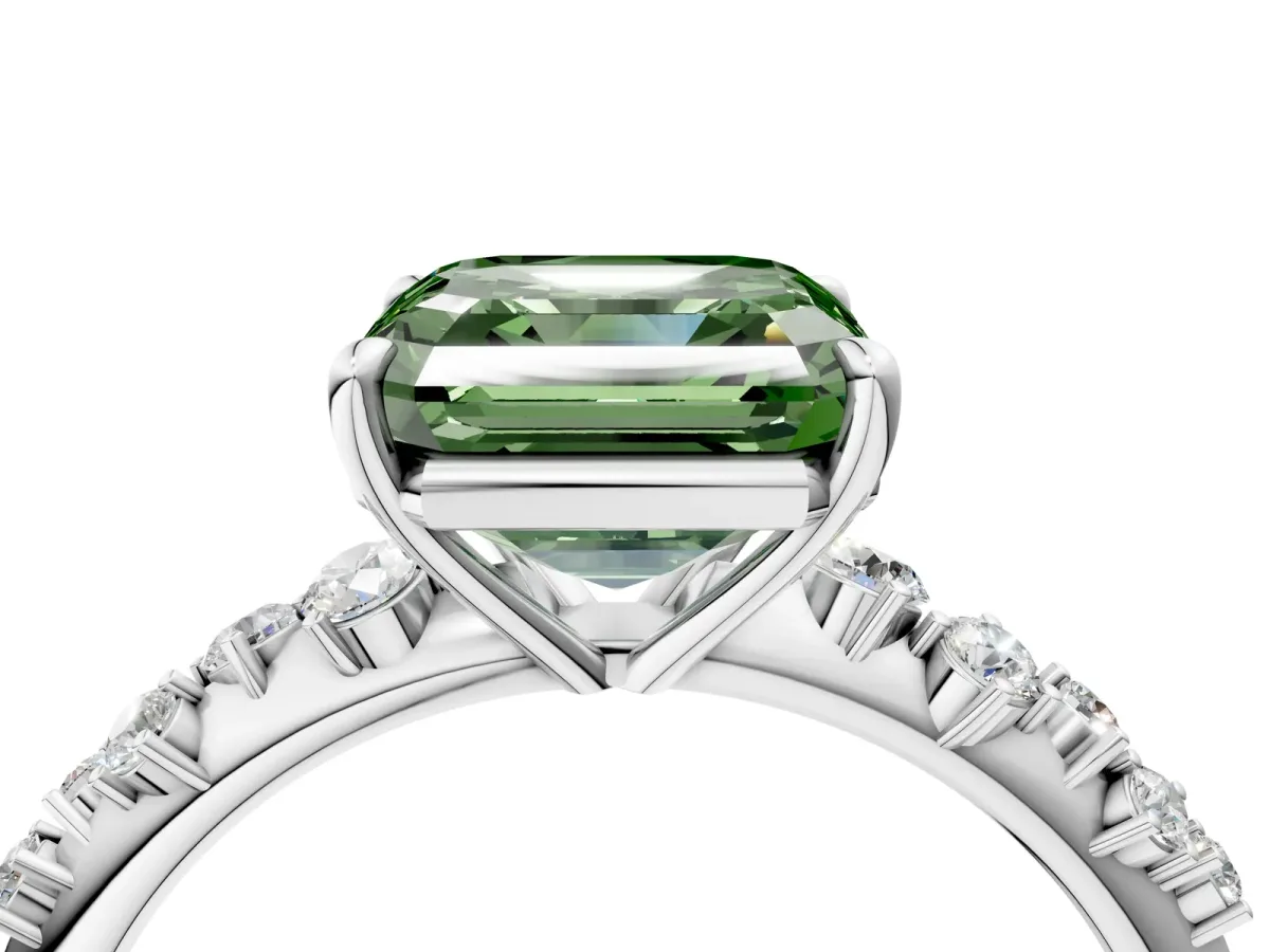 Fancy Green Asscher Cut Diamond Cluster Side Stone Solitaire Ring with Prong Setting Platinum